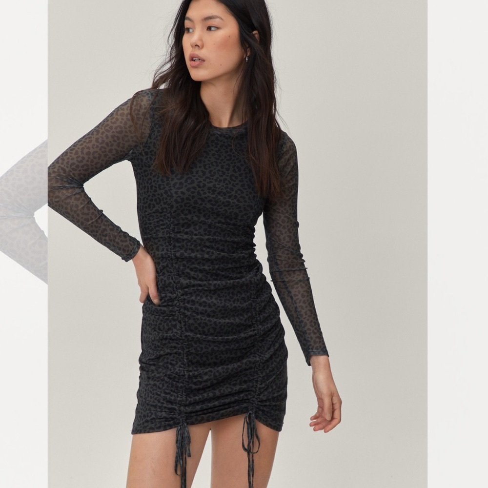 NWT Nasty Gal Dark Green Leopard Long Sleeve Mesh Ruched Mini Dress